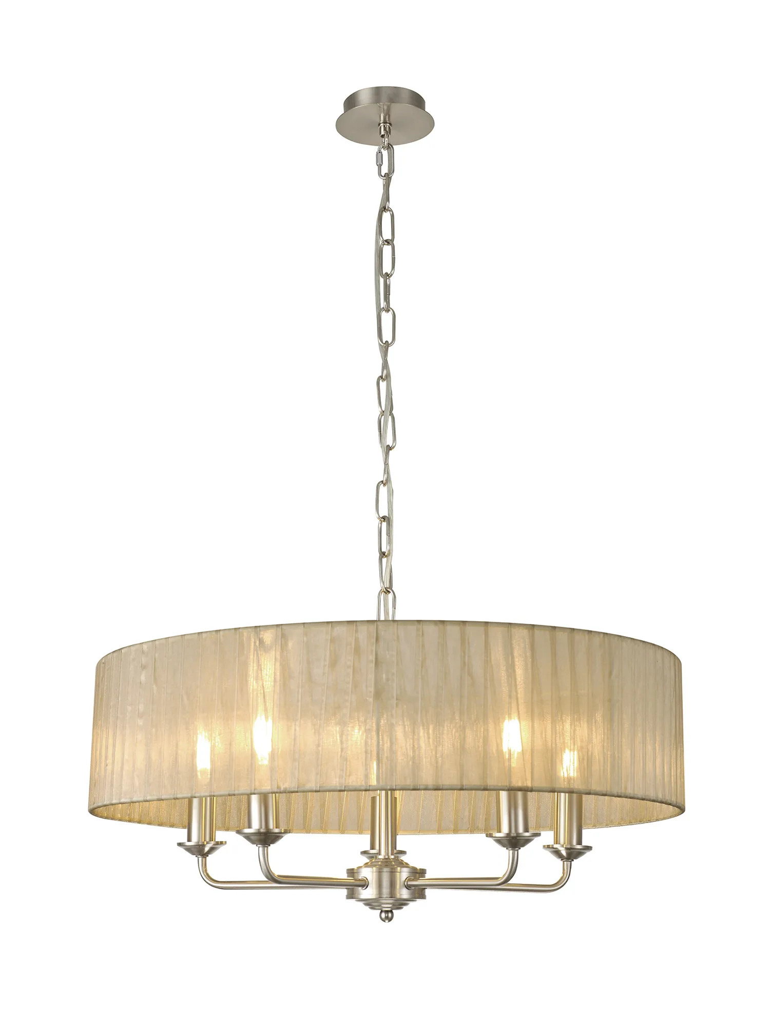 Banyan 5 Light Multi Arm Pendant With 60cm x 15cm Organza Shade Satin Nickel/Soft Bronze